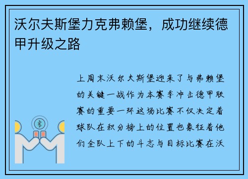 沃尔夫斯堡力克弗赖堡，成功继续德甲升级之路